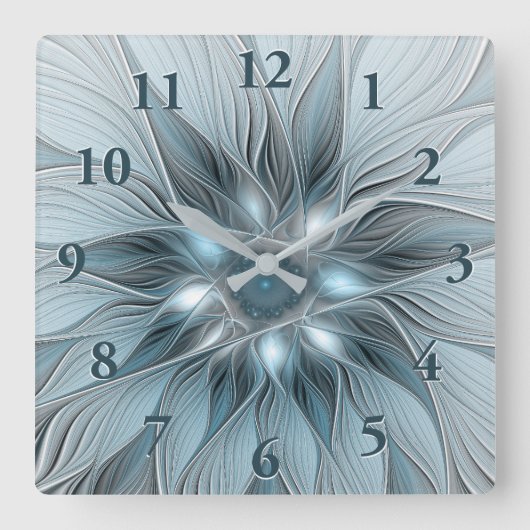 Joyful Flower Abstract Blue Gray Floral Fractal Vierkante Klok (Voorkant)