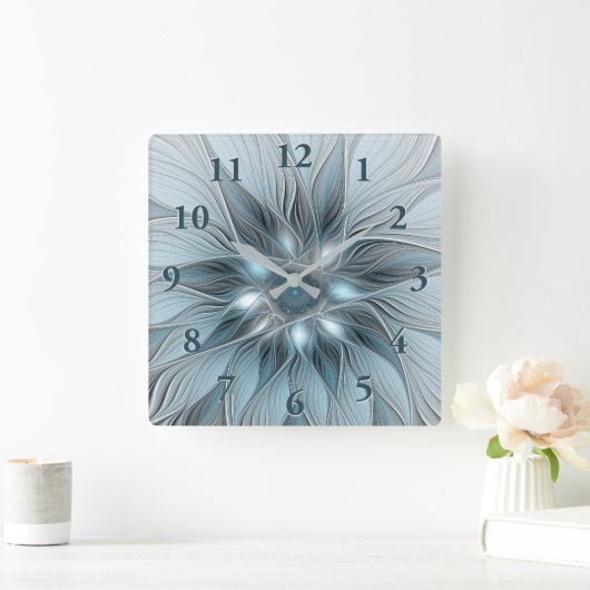 Joyful Flower Abstract Blue Gray Floral Fractal Vierkante Klok (Huis)