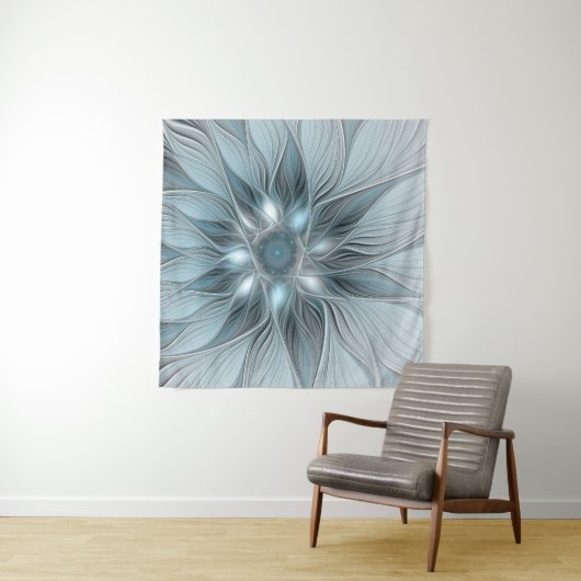 Joyful Flower Abstract Blue Gray Floral Fractal Wandkleed (In Situ (horizontaal))