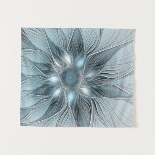Joyful Flower Abstract Blue Gray Floral Fractal Wandkleed (Voorkant (horizontaal))