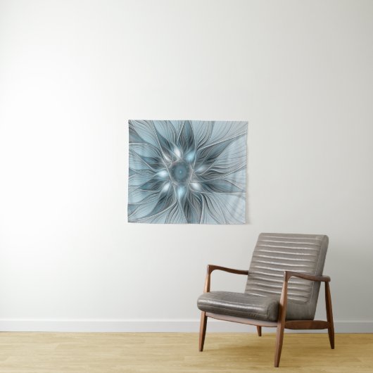 Joyful Flower Abstract Blue Gray Floral Fractal Wandkleed (In Situ (horizontaal))