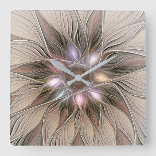 Joyful Flower Abstracte Beige Brown Floral Fractal Vierkante Klok (Voorkant)