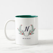 Joyful Foliage Holiday Monogram Tweekleurige Koffiemok (Links)