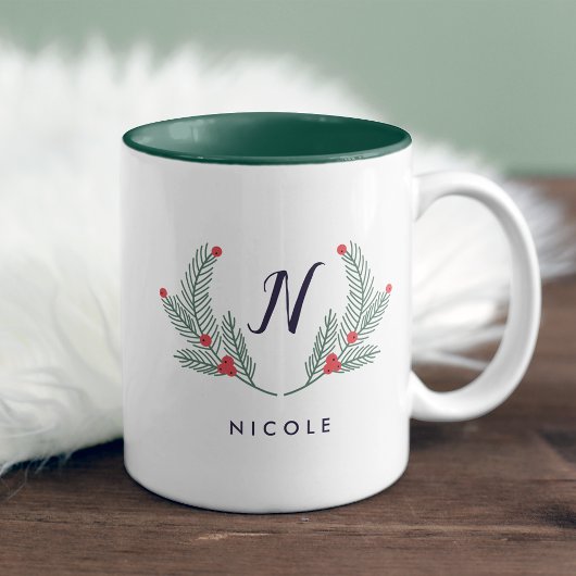Joyful Foliage Holiday Monogram Tweekleurige Koffiemok