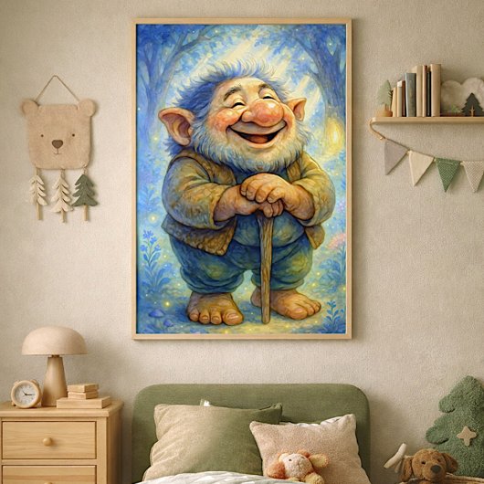 Joyful Forest Troll – Whimsical Storybook Wall Art Foto Afdruk
