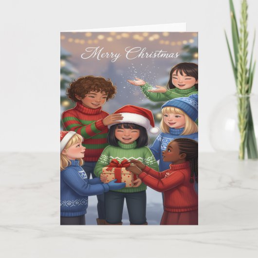 Joyful Gift-Sharing Kids Christmas Card Kaart (Voorkant)