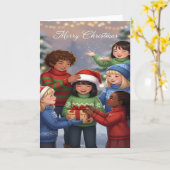 Joyful Gift-Sharing Kids Christmas Card Kaart (Gele Bloem)
