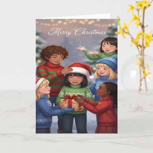 Joyful Gift-Sharing Kids Christmas Card Kaart (Gele Bloem)