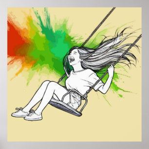 Joyful Girl on Swing - Levendige splash van kleure Poster