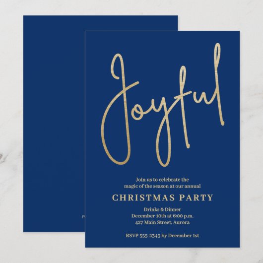 JOYFUL Gold Faux Foil on Blue Christmas Party Kaart (Voorkant / Achterkant)