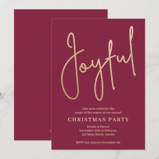 JOYFUL Gold Faux Foil on Cranberry Christmas Party Kaart (Voorkant / Achterkant)