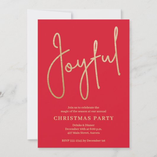 JOYFUL Gold Faux Foil on Red Christmas Party Kaart (Voorkant)