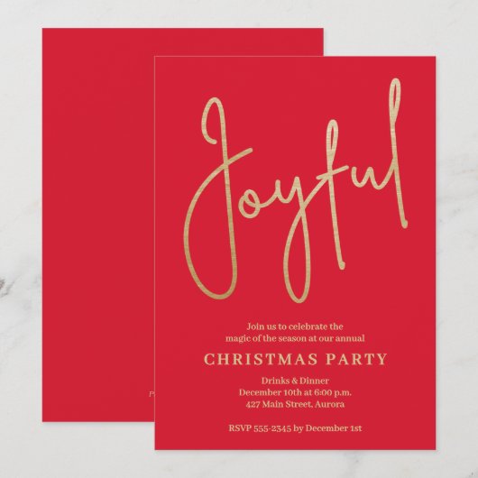 JOYFUL Gold Faux Foil on Red Christmas Party Kaart (Voorkant / Achterkant)