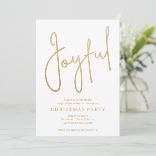 JOYFUL Gold Faux Foil on White Christmas Party Kaart (Staand voorkant)