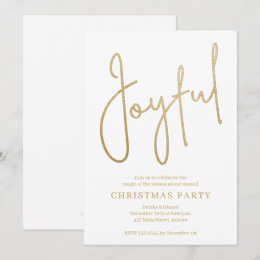 JOYFUL Gold Faux Foil on White Christmas Party Kaart (Voorkant / Achterkant)