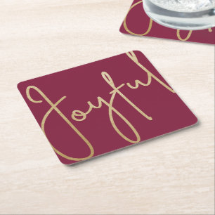 JOYFUL Gold Faux Foil op Cranberry Kartonnen Onderzetters