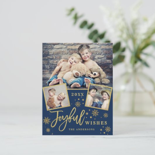 Joyful Gold Lijst Moderne Script 3 FOTO Greep Briefkaart (Staand voorkant)