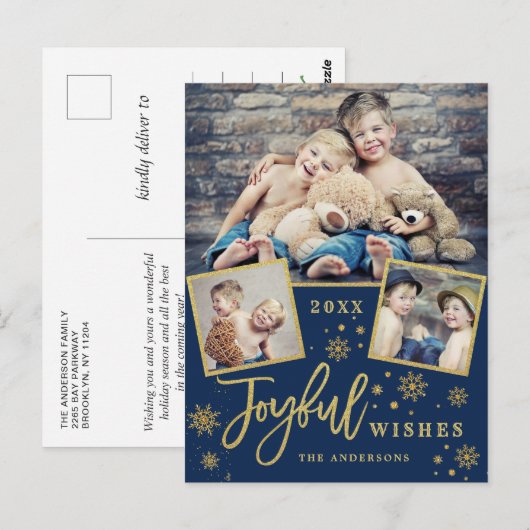 Joyful Gold Lijst Moderne Script 3 FOTO Greep Briefkaart (Voorkant / Achterkant)