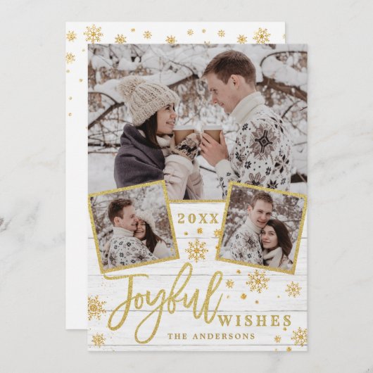 Joyful Gold Lijst Moderne Script 3 FOTO Greep Feestdagenkaart (Voorkant / Achterkant)