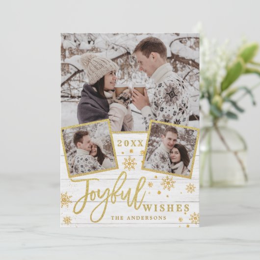 Joyful Gold Lijst Moderne Script 3 FOTO Greep Feestdagenkaart (Staand voorkant)