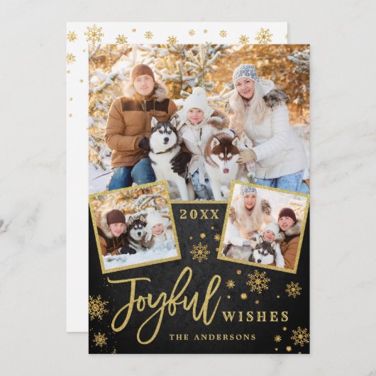 Joyful Gold Lijst Moderne Script 3 FOTO Greep Feestdagenkaart (Voorkant / Achterkant)