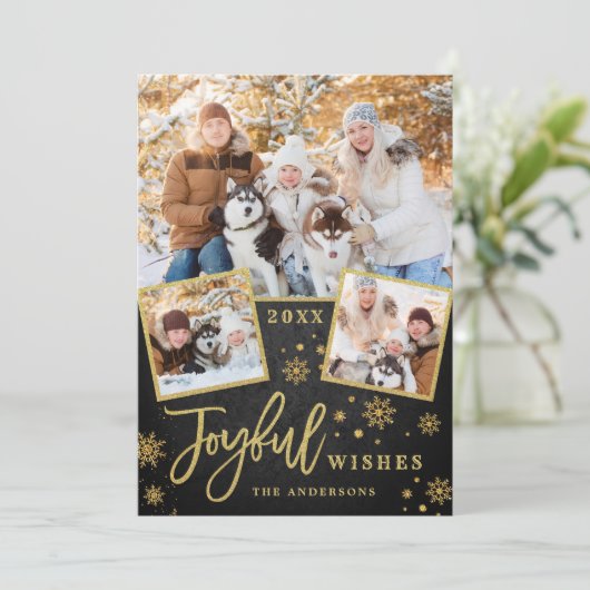 Joyful Gold Lijst Moderne Script 3 FOTO Greep Feestdagenkaart (Staand voorkant)