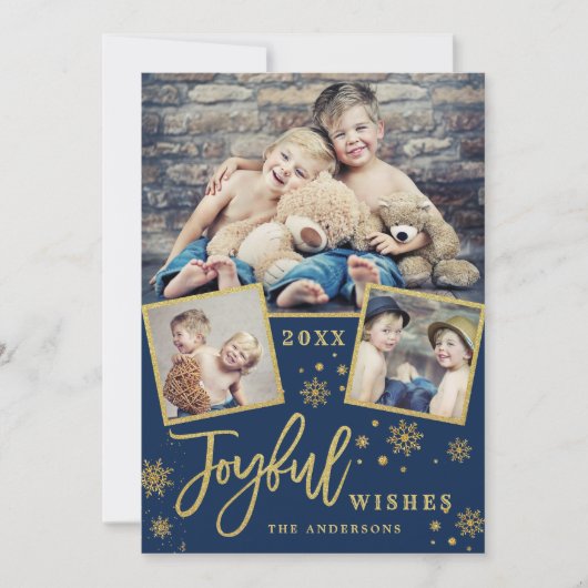 Joyful Gold Lijst Moderne Script 3 FOTO Greep Feestdagenkaart (Voorkant)