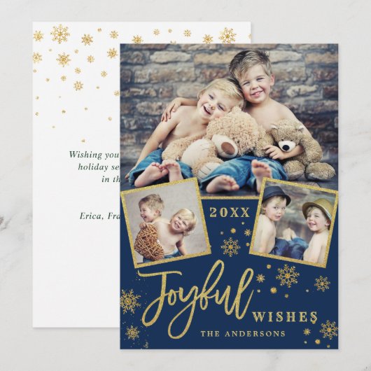 Joyful Gold Lijst Moderne Script 3 FOTO Greep Feestdagenkaart (Voorkant / Achterkant)