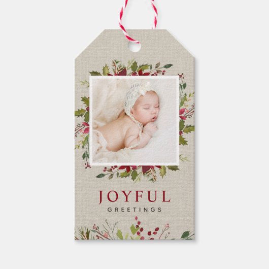 Joyful Greenery Custom Photo Merry Kerstmis Cadeaulabel (Voorkant)