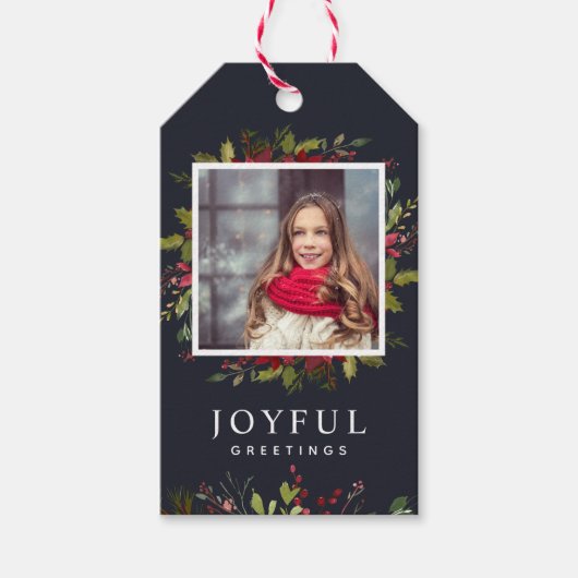 Joyful Greenery Custom Photo Merry Kerstmis Cadeaulabel (Voorkant)