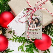 Joyful Greenery Custom Photo Merry Kerstmis Cadeaulabel
