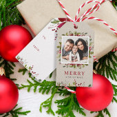 Joyful Greenery Custom Photo Merry Kerstmis Cadeaulabel