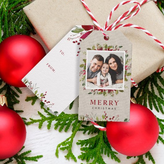 Joyful Greenery Custom Photo Merry Kerstmis Cadeaulabel