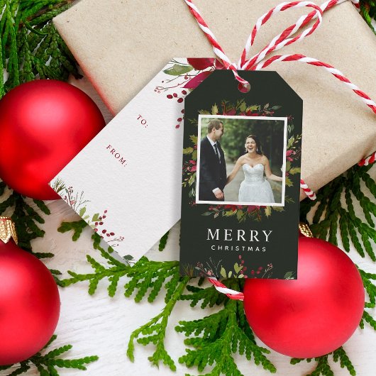 Joyful Greenery Custom Photo Merry Kerstmis Cadeaulabel