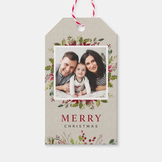 Joyful Greenery Custom Photo Merry Kerstmis Cadeaulabel (Voorkant)