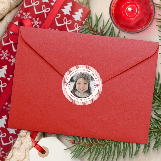 Joyful Holiday Red Bow and Stripes Custom Photo Ronde Sticker