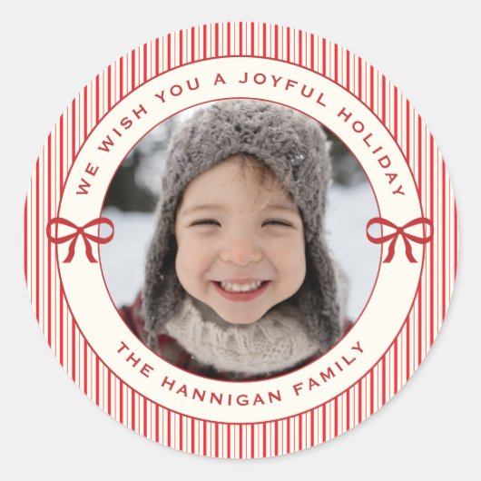 Joyful Holiday Red Bow and Stripes Custom Photo Ronde Sticker (Voorkant)