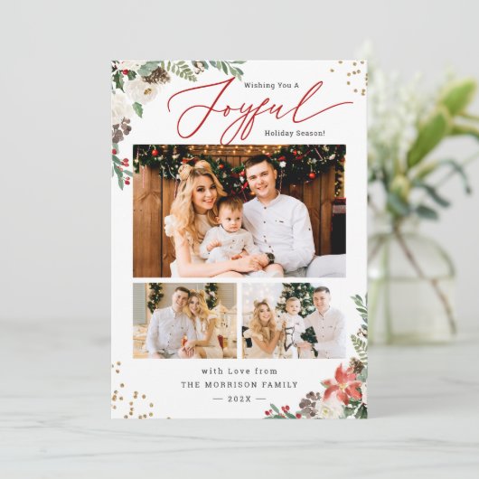 Joyful Holiday Season Winter Floral 3 Fotokaarten Feestdagenkaart (Staand voorkant)
