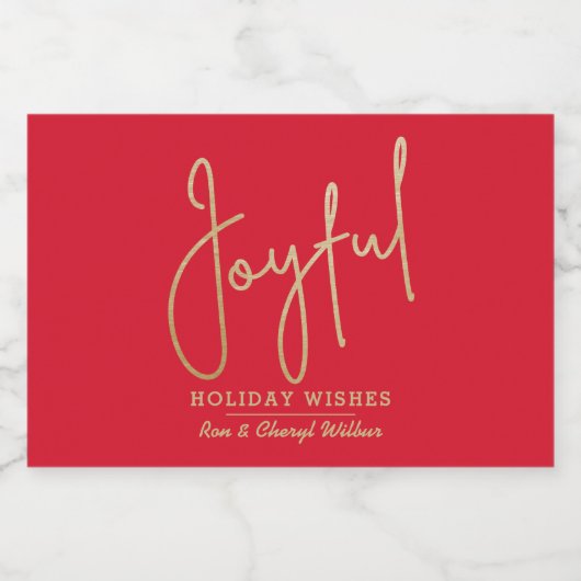 JOYFUL Holiday Wishes Gold Faux Foil Red Sparkling Wijnetiket (Enkel label)