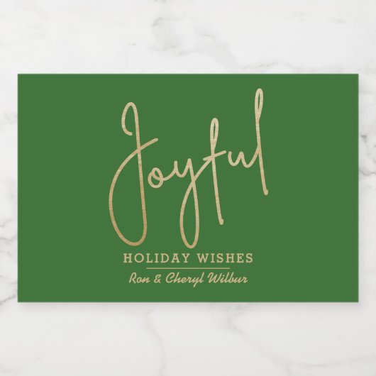 JOYFUL Holiday Wishes Gold on Green Sparkling Wijnetiket (Enkel label)
