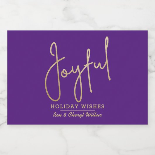 JOYFUL Holiday Wishes Gold on Purple Sparkling Wijnetiket (Enkel label)