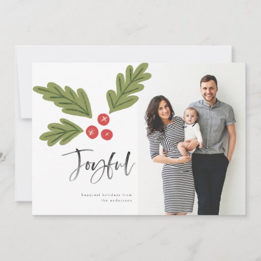 Joyful Holly Berry Modern Bold Holiday White Foto (Voorkant)