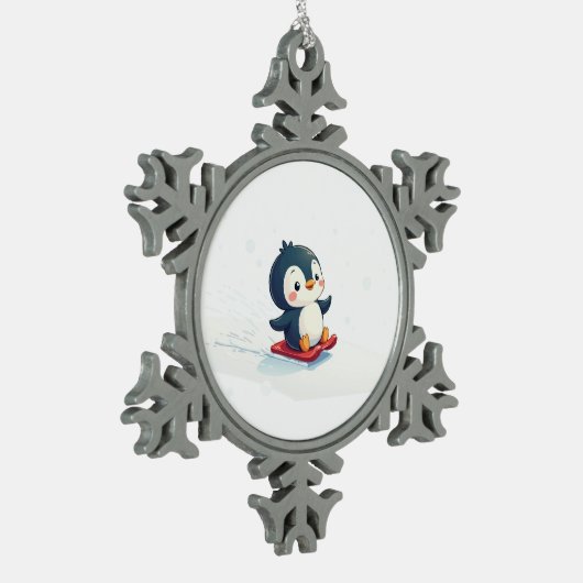 Joyful Kawaii Penguin Sledding Christmas Tin Sneeuwvlok Ornament (Links)