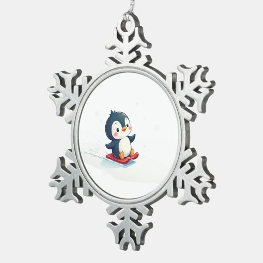 Joyful Kawaii Penguin Sledding Christmas Tin Sneeuwvlok Ornament (Rechts)