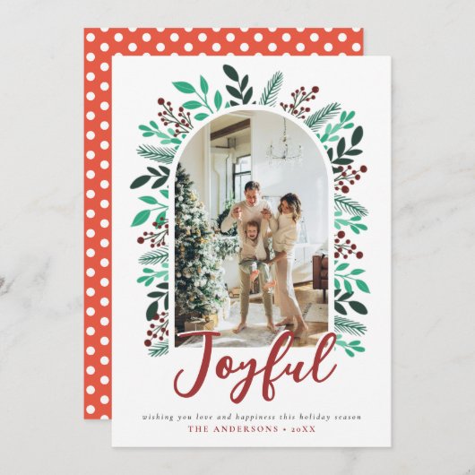 Joyful KerstArch Berries Foliage Foto Feestdagenkaart (Voorkant / Achterkant)