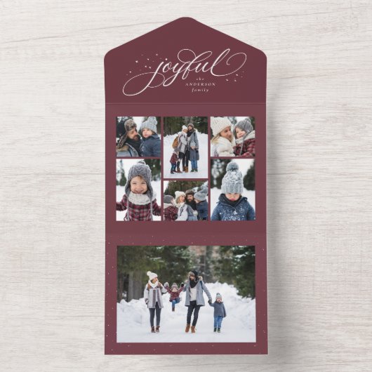 Joyful Kerstcollage mauve plum trifold All In One Uitnodiging (Binnen)
