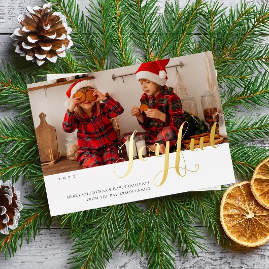 Joyful Kerstfamilie Foto modern script Folie Uitnodiging