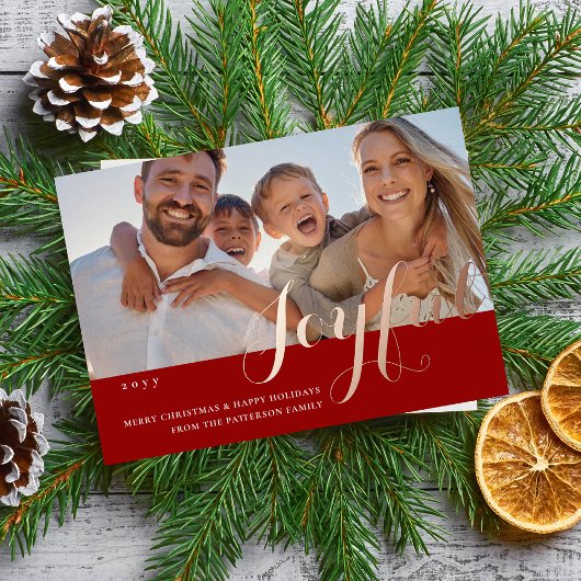 Joyful Kerstfamilie Foto modern script Folie Uitnodiging