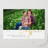 Joyful Kerstfamilie Foto modern script Folie Uitnodiging (Voorkant)