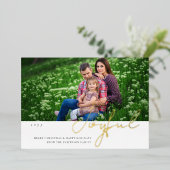 Joyful Kerstfamilie Foto modern script Folie Uitnodiging (Staand Voorkant)